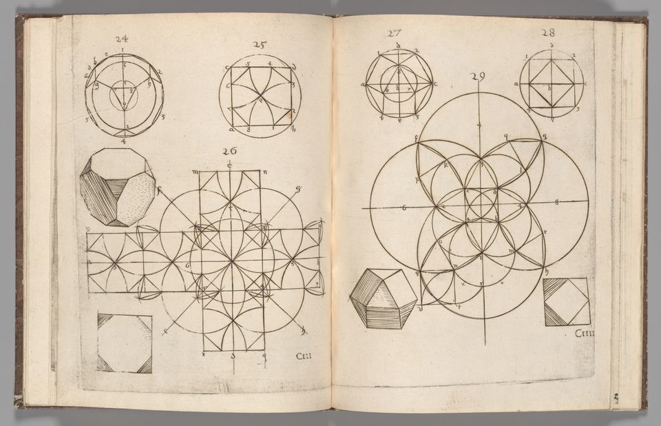 A spread of diagrams from an early modern math textbook.